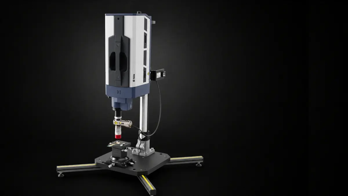 Polytec VibroScan system with microscope extension for non-contact micro-scale vibration measurement of small components.