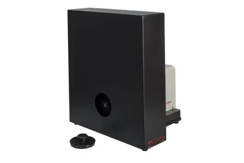 Polytec motorized target wheel system with black shield cover for precise IR, VIS, and SWIR optical target positioning.