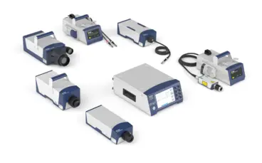 Polytec VibroFlex familia de productos que incluye el módulo frontal Connect+ y los cabezales de medición láser para la medición de vibraciones sin contacto.