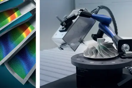 航空機向けタービンの振動モード可視化。オプションソフトにより動的ひずみを計算することも可能。