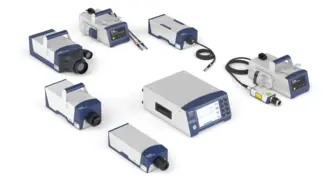 Polytec VibroFlex 产品系列，包括 Connect+ 前端和用于非接触振动测量的激光传感器头。