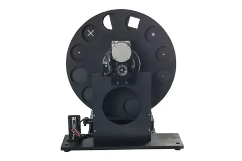Polytec RAD-8/2D motorized target wheel with high accuracy positioning for IR, VIS, and SWIR optical testing applications.