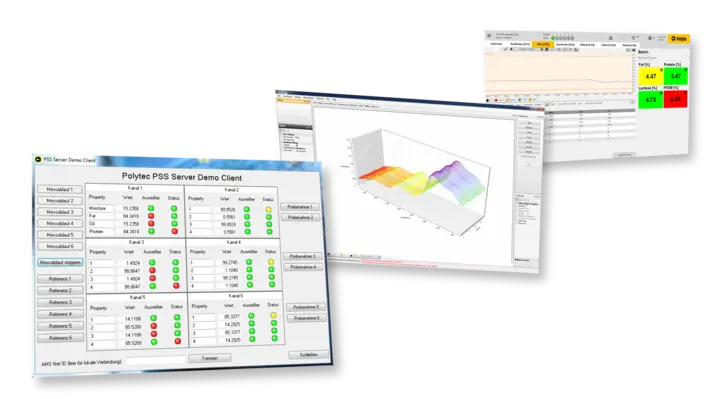 Polytec NIR analyzer software screens for spectra acquisition, multivariate data analysis and process control
