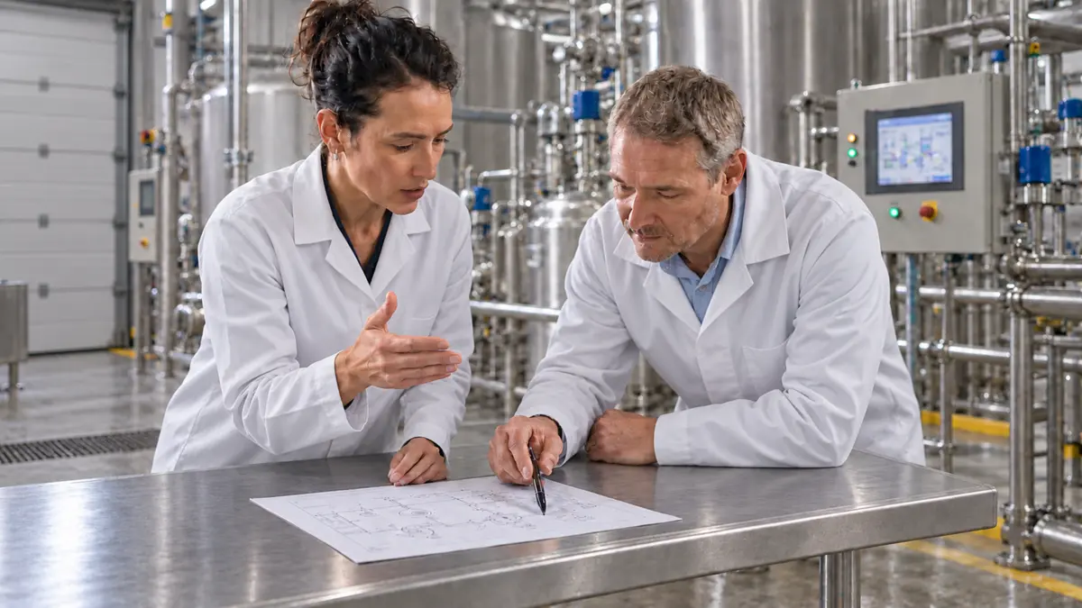 Two Polytec specialists discussing a custom NIR analyzer with sensor head and product samples in a production plant