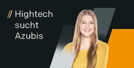 Junge Frau lächelnd in gelbem Oberteil vor modernem Hintergrund, Werbeaktion für Hightech-Ausbildung bei Polytec.