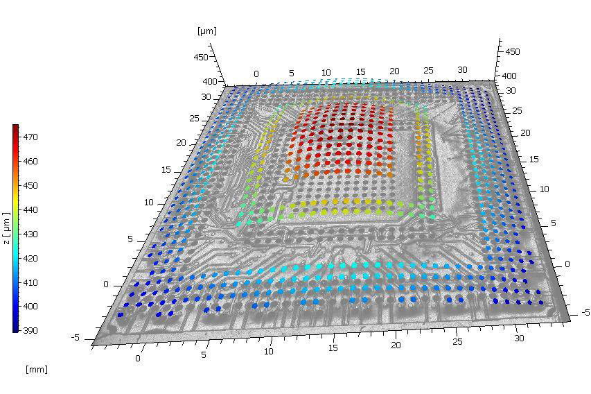 Ball grid array and extracted BGA pin measurement with substracted warpage