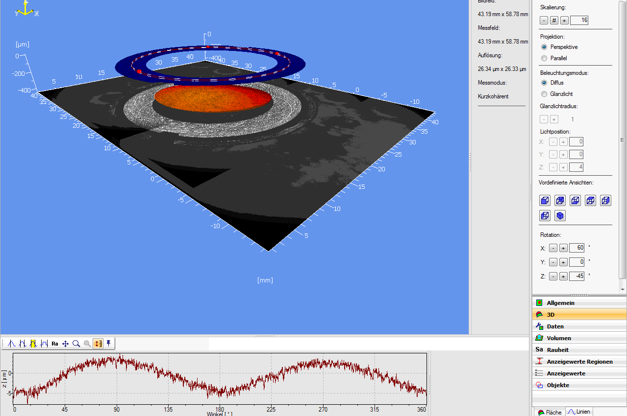 TMS Software visualizing areal surface scans of test objects in 3D
