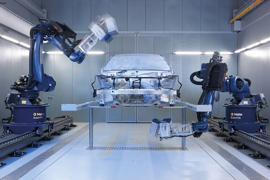 RoboVib® Structural Test Station comprising an industrial robot with a PSV Scanning Vibrometer RoboVib® Structural Test Station comprising an industrial robot with a PSV Scanning Vibrometer