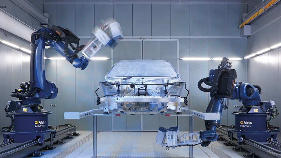RoboVib® Structural Test Station comprising an industrial robot with a PSV Scanning Vibrometer RoboVib® Structural Test Station comprising an industrial robot with a PSV Scanning Vibrometer