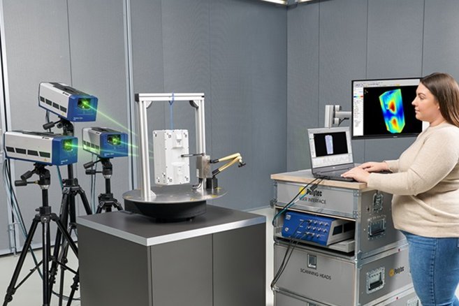 VibroScan QTec Xtra 3D for modal tests here with the mobile workstation and automated with RoboVib® Bench VibroScan QTec Xtra 3D for modal tests here with the mobile workstation and automated with RoboVib® Bench
