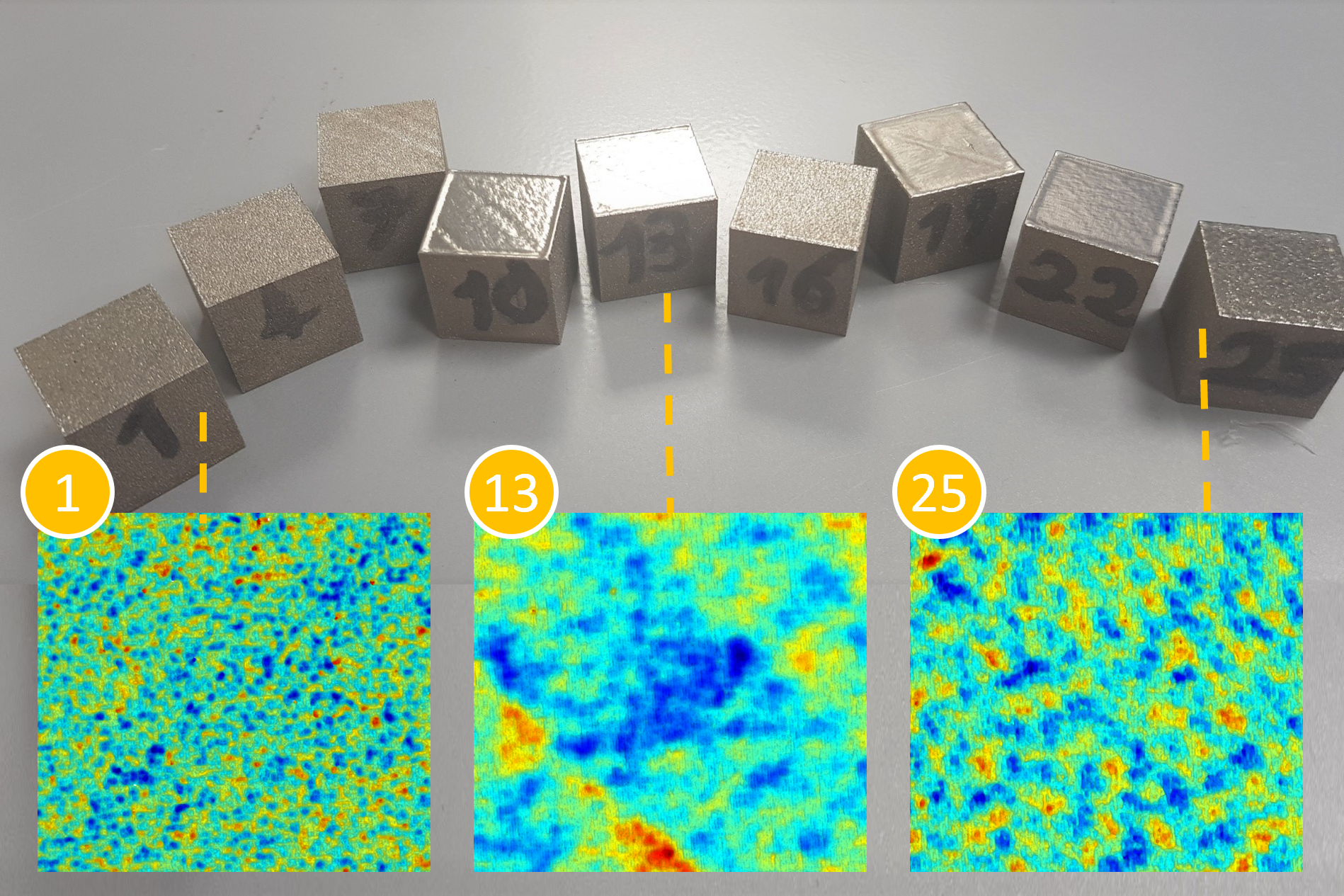 Additive manufactured parts produced with different machining parameters resulting in different surface textures   Additive manufactured parts produced with different machining parameters resulting in different surface textures