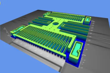 3D areal surface map of a combdrive showing dimensional tolerances with color-coded height variations in green and blue.