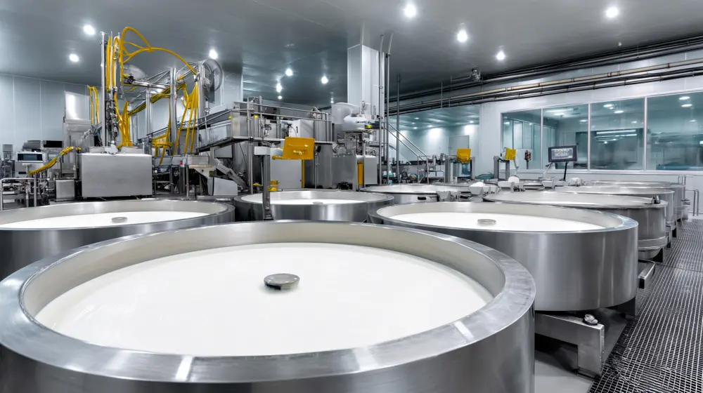 Cuves industrielles en inox avec lait en transformation pour contrôle qualité dans l'industrie laitière chez Polytec.