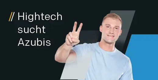 Junger Mann zeigt Friedenszeichen, Werbung für Hightech-Ausbildung und Azubi-Programme bei Polytec.