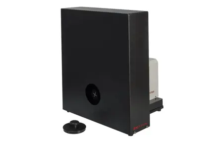 Polytec motorized target wheel system with black shield cover for precise IR, VIS, and SWIR optical target positioning.