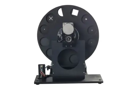 Polytec RAD-8/2D motorized target wheel with high accuracy positioning for IR, VIS, and SWIR optical testing applications.