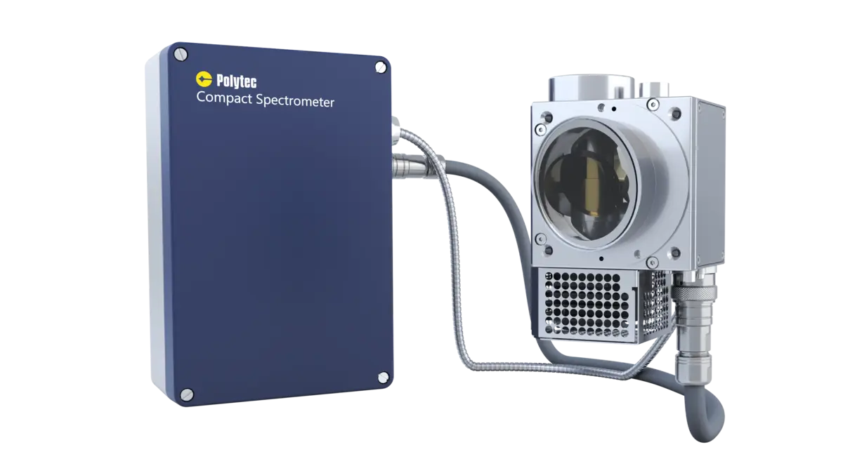Polytec Compact Spectrometer with connected sensor head for precise industrial measurement and analysis in a sleek blue and silver design.