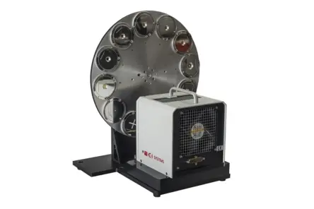 Rear view of a motorized RAD target wheel system with multiple optical targets for precise IR/VIS/SWIR positioning and testing.